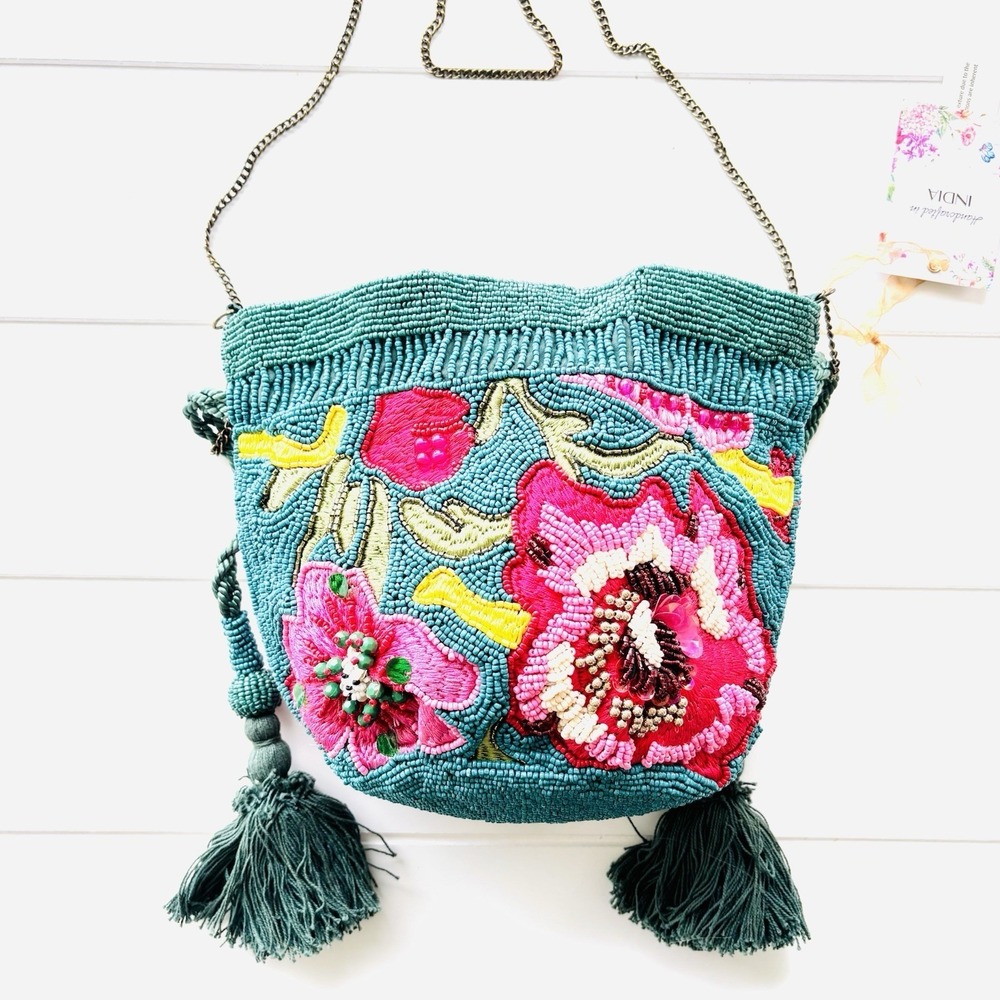 TikTok Viral India Beaded Bucket Bag Floral Embroidered Tassels Teal Crossbody - Picture 11 of 11